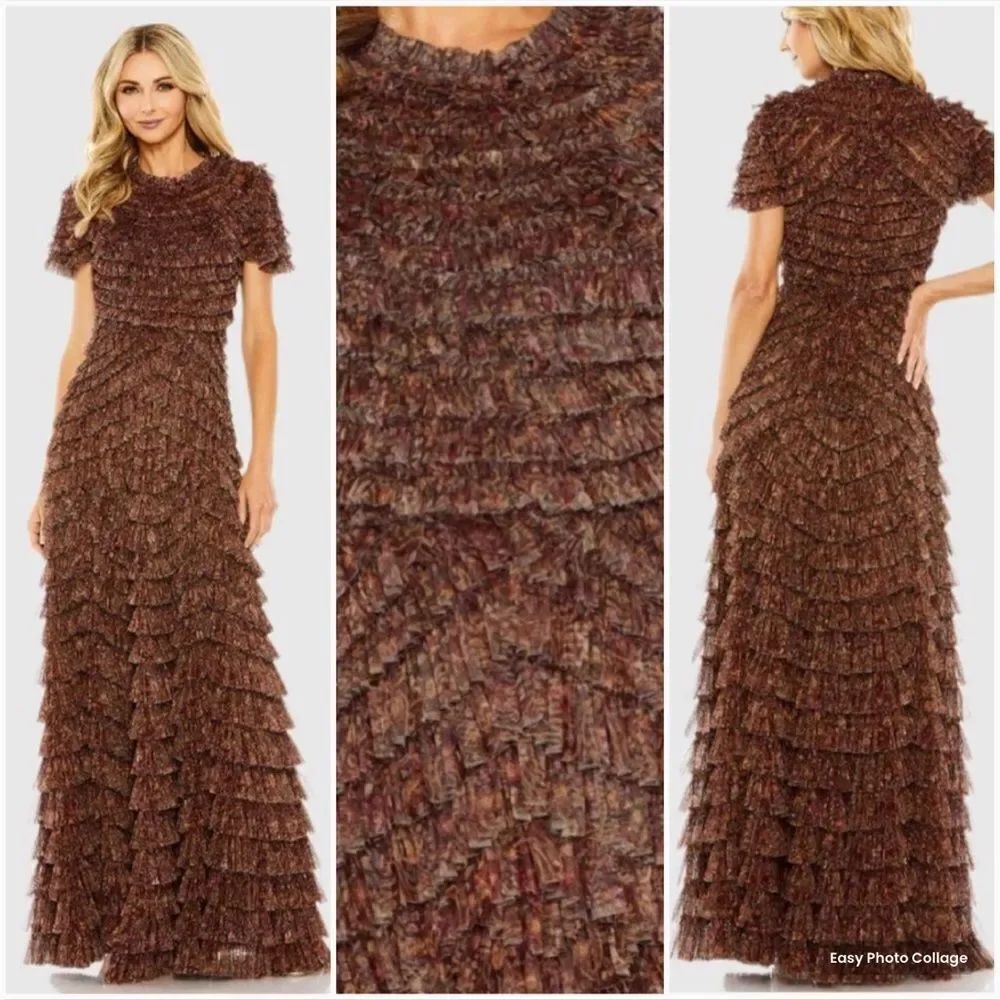 Mac Duggal Size 18 Brown Floral High Neck Ruffle Gown Maxi Dress